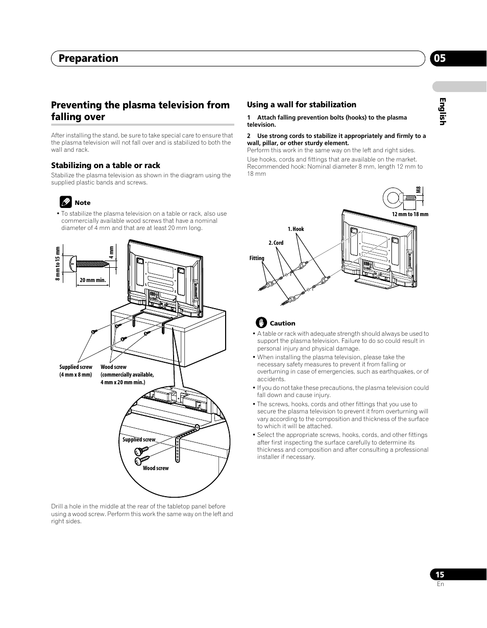 Preventing the plasma television from falling over, Preparation 05 | Pioneer PDP-5080XA User Manual | Page 15 / 362