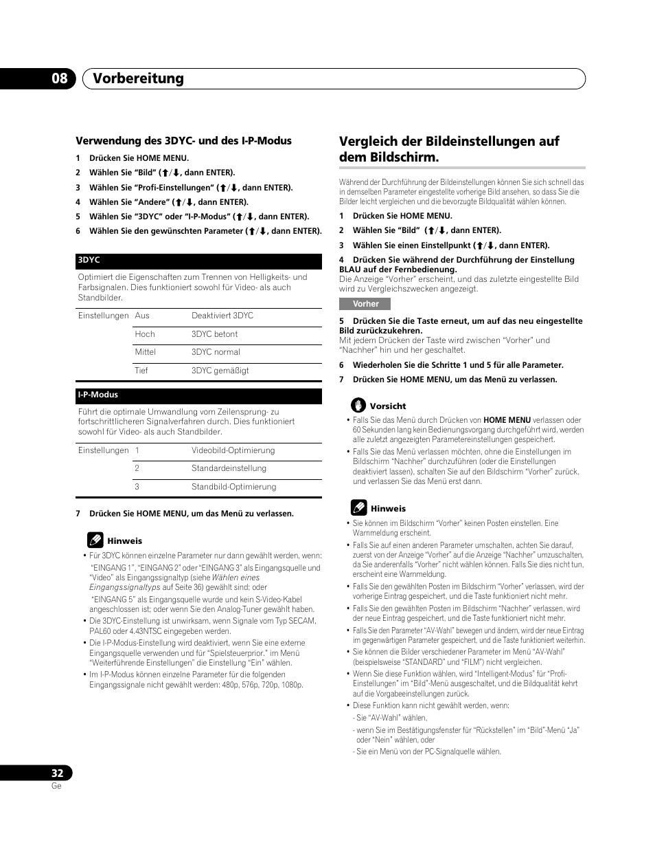 Vergleich der bildeinstellungen auf dem, Bildschirm, Vorbereitung 08 | Vergleich der bildeinstellungen auf dem bildschirm | Pioneer PDP-5080XA User Manual | Page 152 / 362