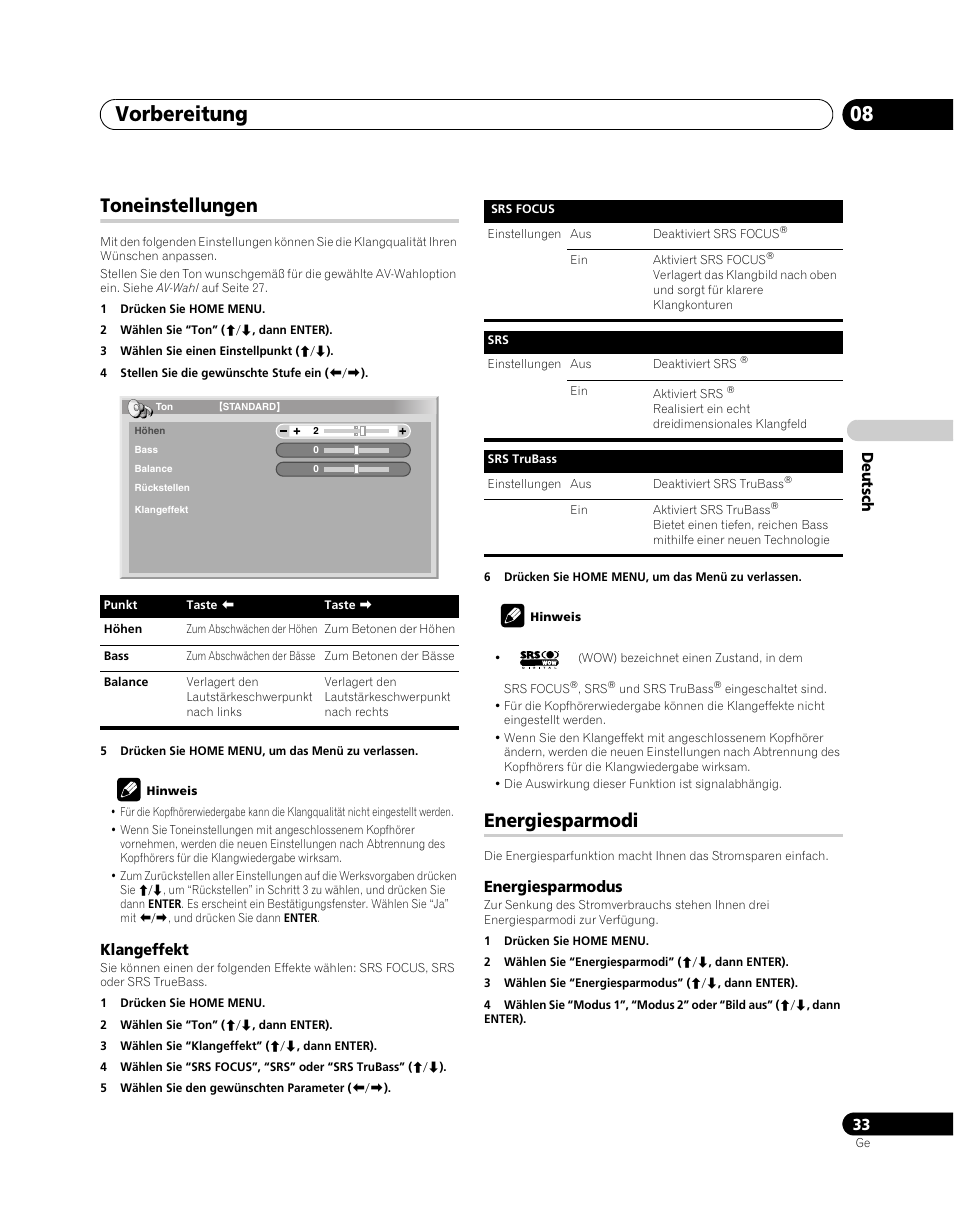 Toneinstellungen, Energiesparmodi, Vorbereitung 08 | Pioneer PDP-5080XA User Manual | Page 153 / 362