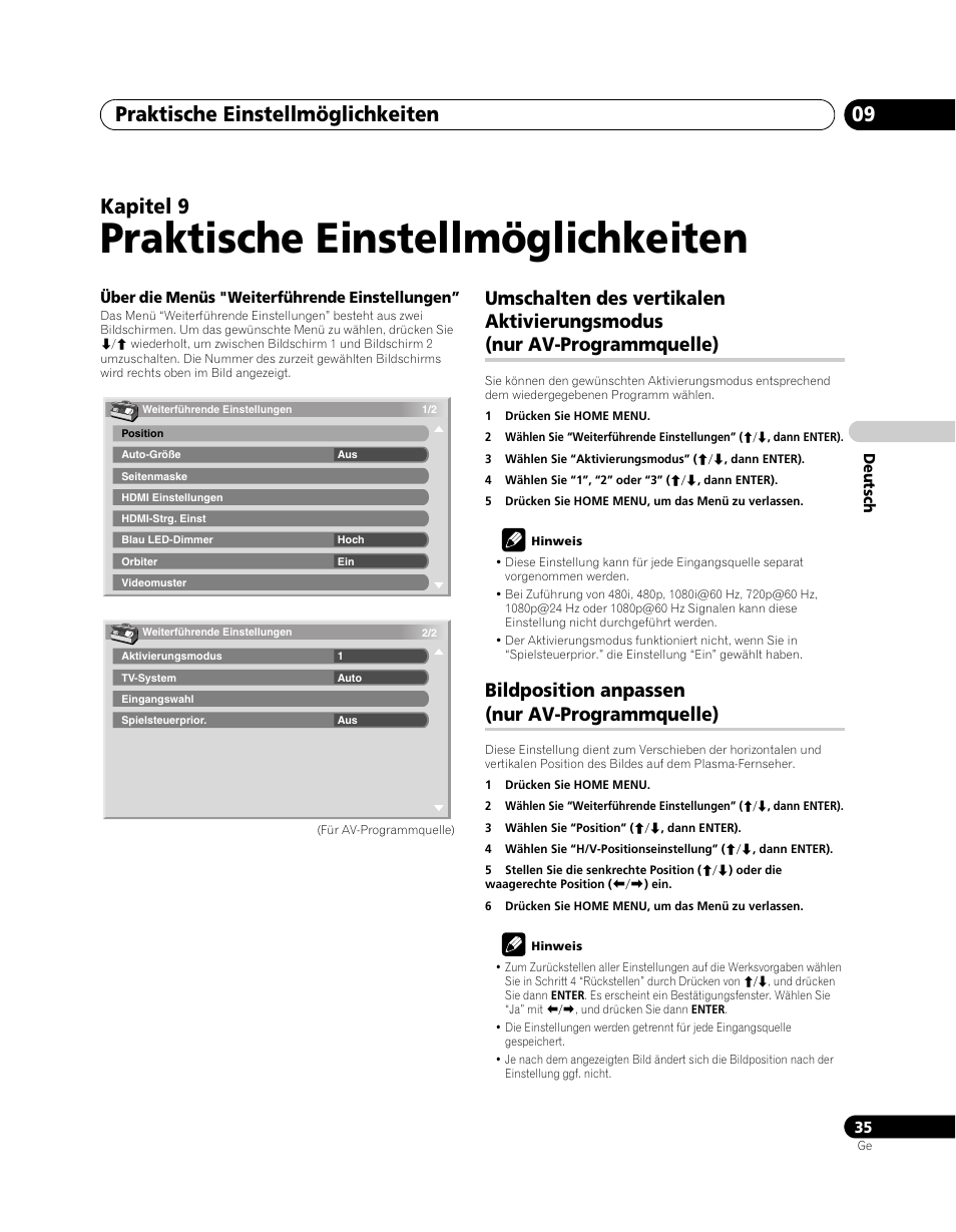 09 praktische einstellmöglichkeiten, Umschalten des vertikalen aktivierungsmodus, Nur av-programmquelle) | Bildposition anpassen, Praktische einstellmöglichkeiten, Praktische einstellmöglichkeiten 09, Kapitel 9, Bildposition anpassen (nur av-programmquelle) | Pioneer PDP-5080XA User Manual | Page 155 / 362