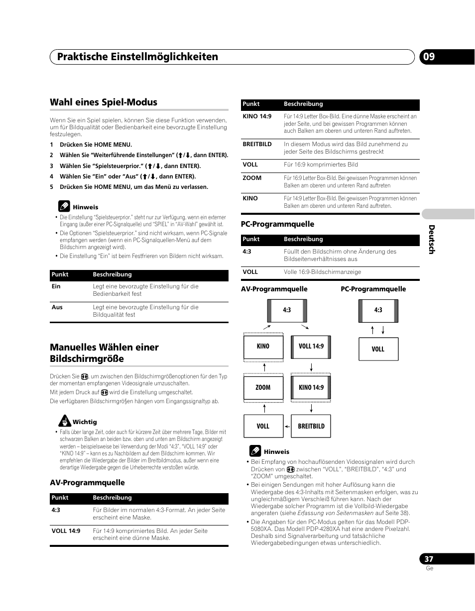 Wahl eines spiel-modus, Manuelles wählen einer bildschirmgröße, Praktische einstellmöglichkeiten 09 | Pioneer PDP-5080XA User Manual | Page 157 / 362