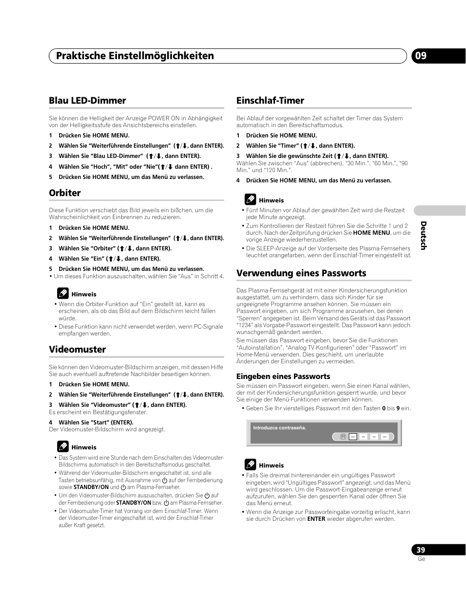 Blau led-dimmer, Orbiter, Videomuster | Einschlaf-timer, Verwendung eines passworts, Praktische einstellmöglichkeiten 09 | Pioneer PDP-5080XA User Manual | Page 159 / 362