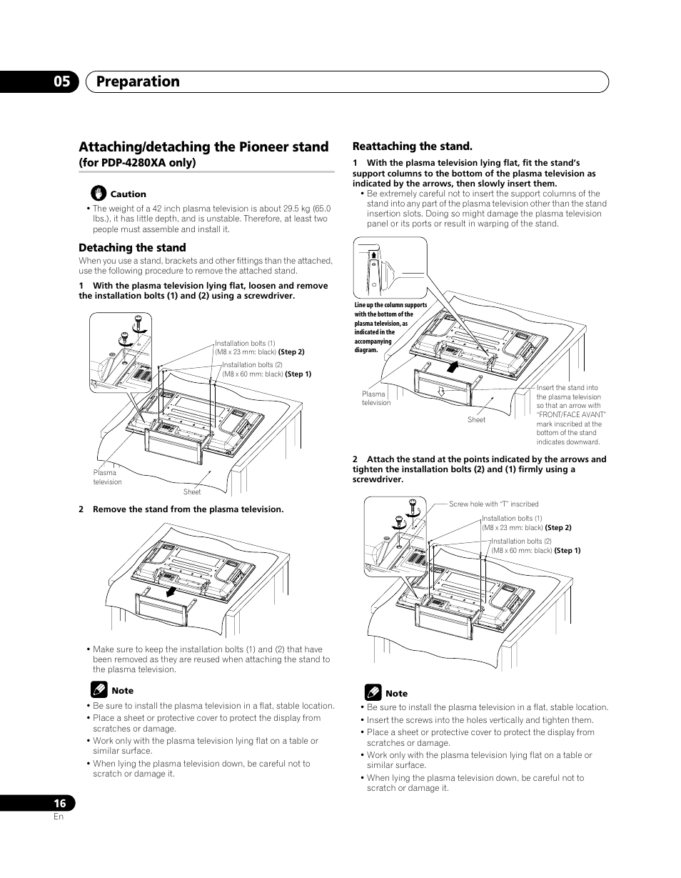 Attaching/detaching the pioneer stand, For pdp-4280xa only), Preparation 05 | Pioneer PDP-5080XA User Manual | Page 16 / 362