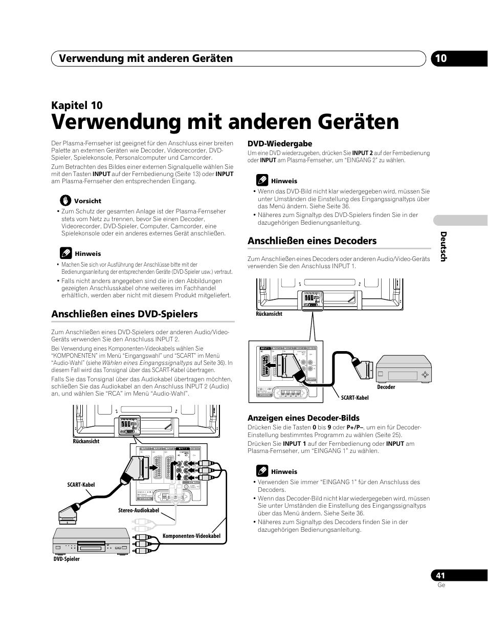 010 verwendung mit anderen, Geräten, Anschließen eines dvd-spielers | Anschließen eines decoders, Verwendung mit anderen geräten, Verwendung mit anderen geräten 10, Kapitel 10 | Pioneer PDP-5080XA User Manual | Page 161 / 362