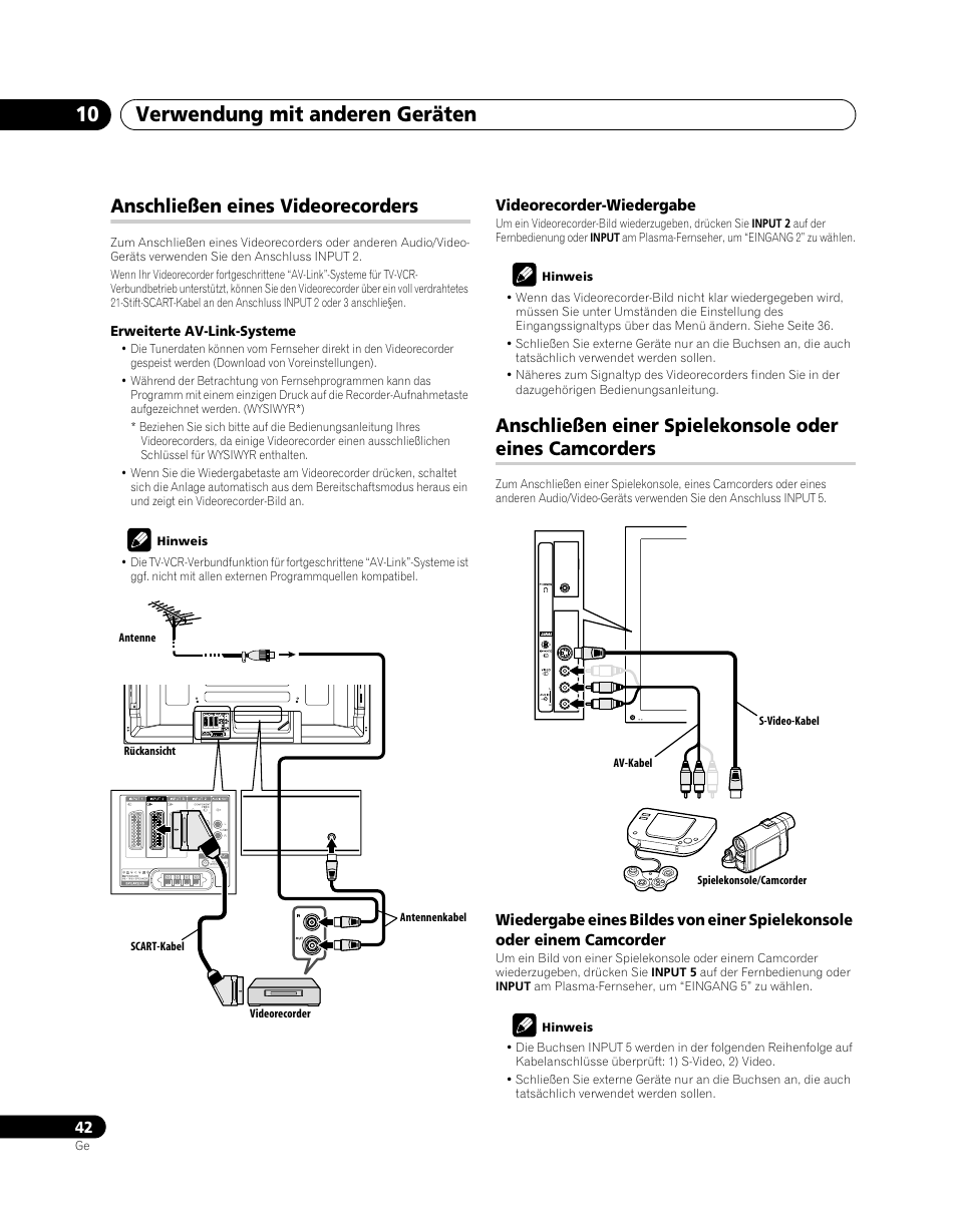 Anschließen eines videorecorders, Anschließen einer spielekonsole oder eines, Camcorders | Verwendung mit anderen geräten 10 | Pioneer PDP-5080XA User Manual | Page 162 / 362