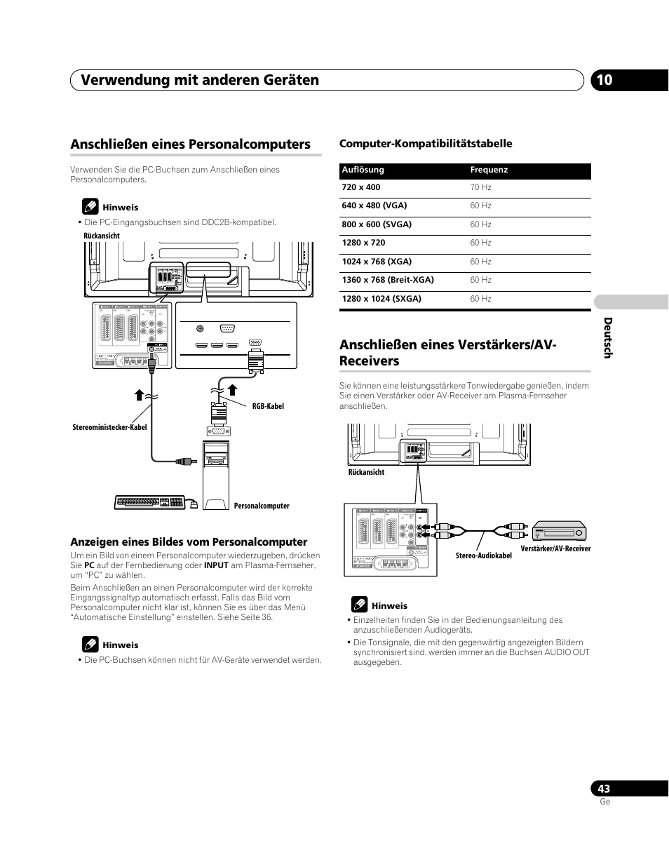 Anschließen eines personalcomputers, Anschließen eines verstärkers/av-receivers, Verwendung mit anderen geräten 10 | Anschließen eines verstärkers/av- receivers | Pioneer PDP-5080XA User Manual | Page 163 / 362