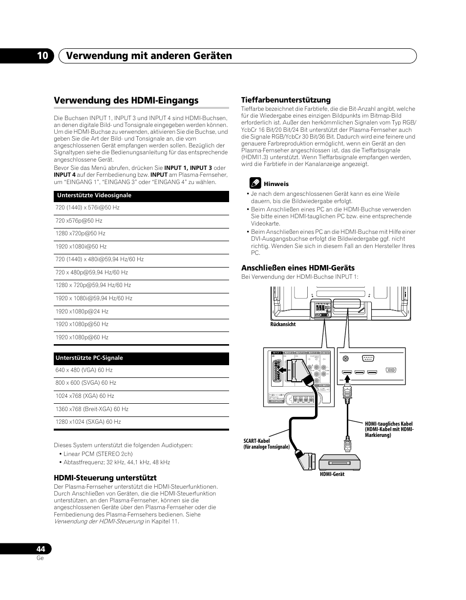 Verwendung des hdmi-eingangs, Verwendung mit anderen geräten 10 | Pioneer PDP-5080XA User Manual | Page 164 / 362