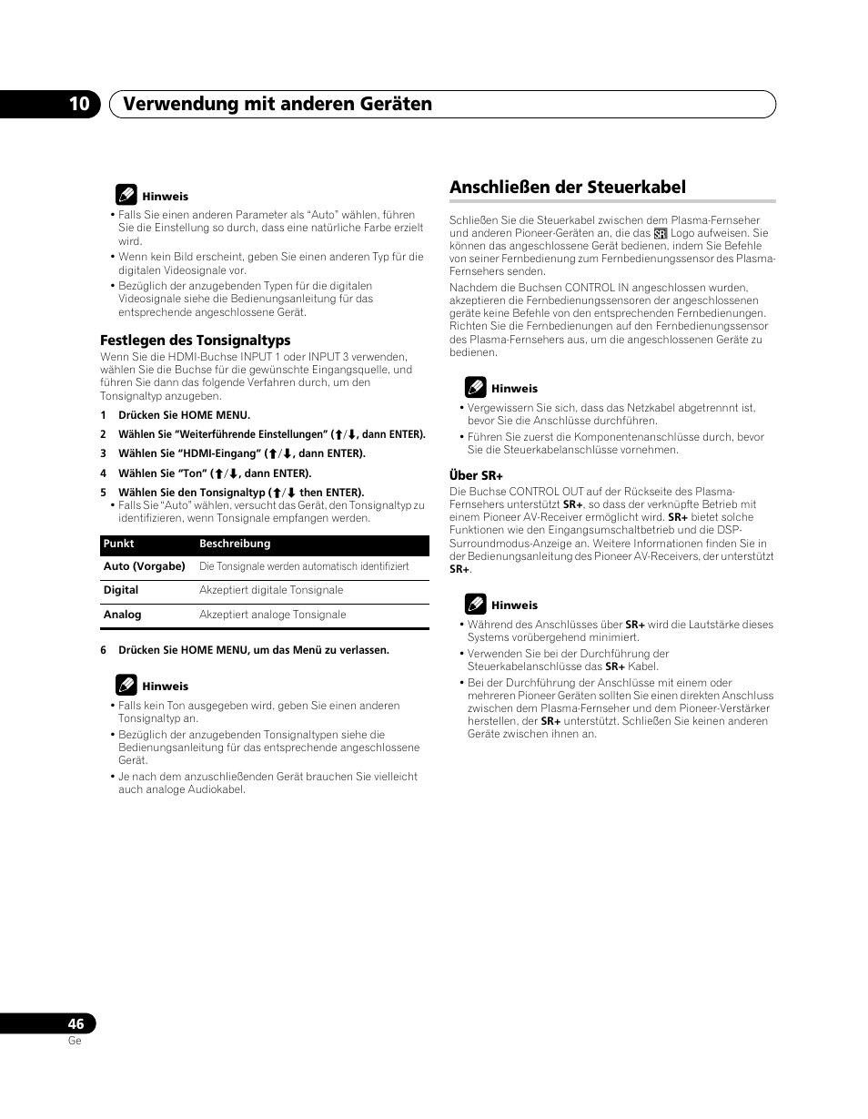 Anschließen der steuerkabel, Verwendung mit anderen geräten 10 | Pioneer PDP-5080XA User Manual | Page 166 / 362