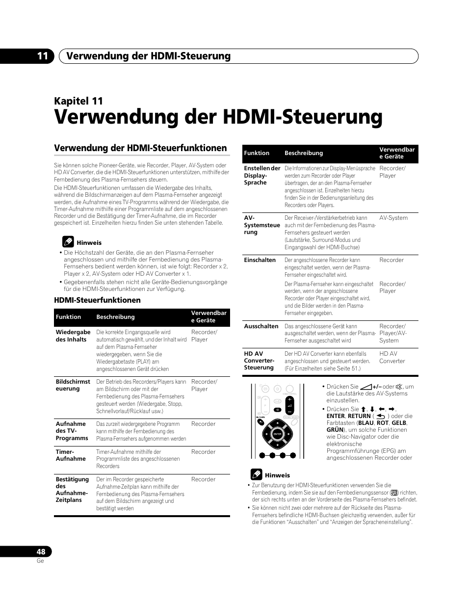 011 verwendung der hdmi-steuerung, Verwendung der hdmi-steuerfunktionen, Verwendung der hdmi-steuerung | Verwendung der hdmi-steuerung 11, Kapitel 11 | Pioneer PDP-5080XA User Manual | Page 168 / 362