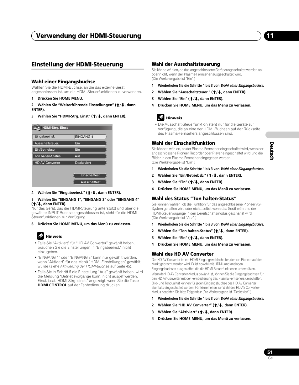 Einstellung der hdmi-steuerung, Verwendung der hdmi-steuerung 11 | Pioneer PDP-5080XA User Manual | Page 171 / 362