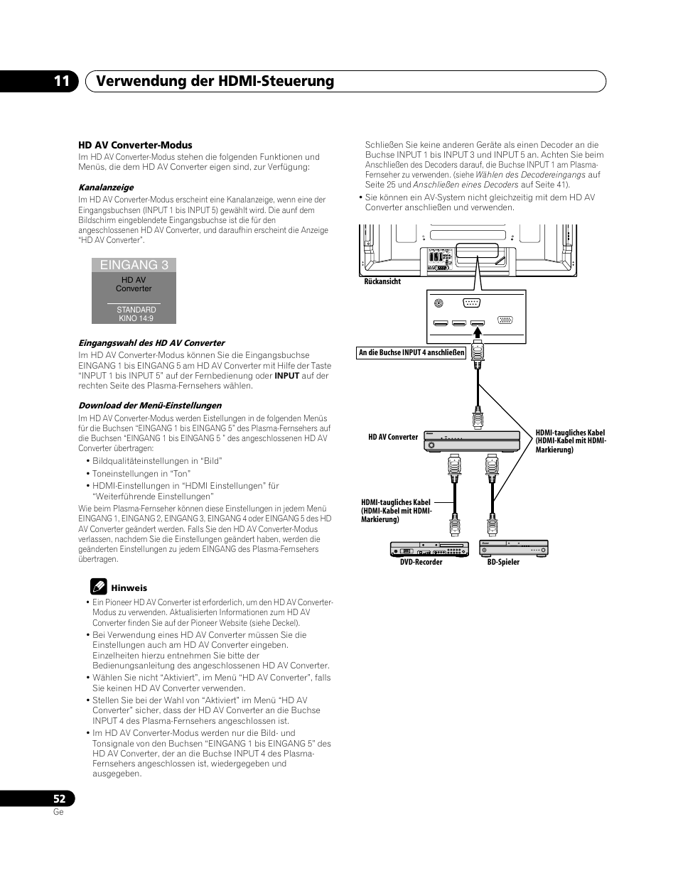 Verwendung der hdmi-steuerung 11, Eingang 3 | Pioneer PDP-5080XA User Manual | Page 172 / 362