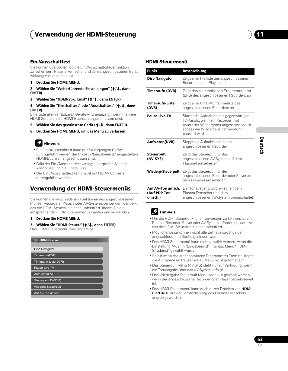 Verwendung der hdmi-steuermenüs, Verwendung der hdmi-steuerung 11 | Pioneer PDP-5080XA User Manual | Page 173 / 362