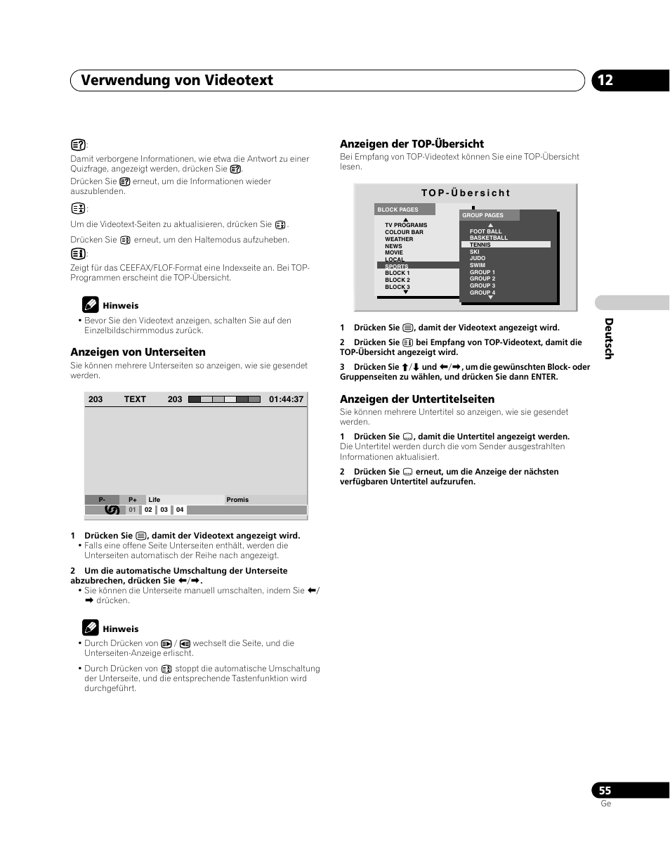 Verwendung von videotext 12 | Pioneer PDP-5080XA User Manual | Page 175 / 362