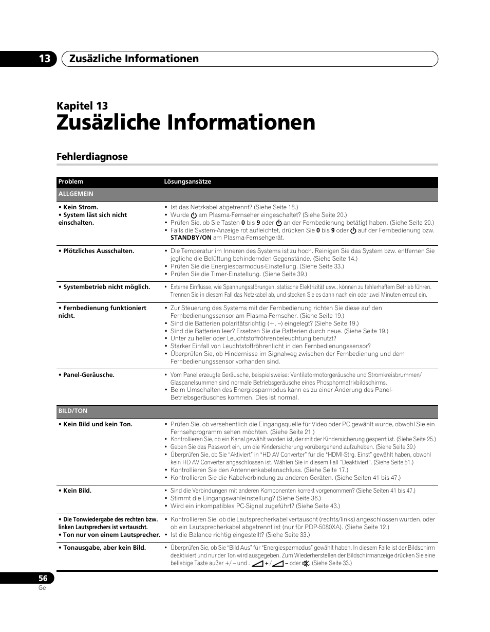 013 zusäzliche informationen, Fehlerdiagnose, Zusäzliche informationen | Zusäzliche informationen 13, Kapitel 13 | Pioneer PDP-5080XA User Manual | Page 176 / 362