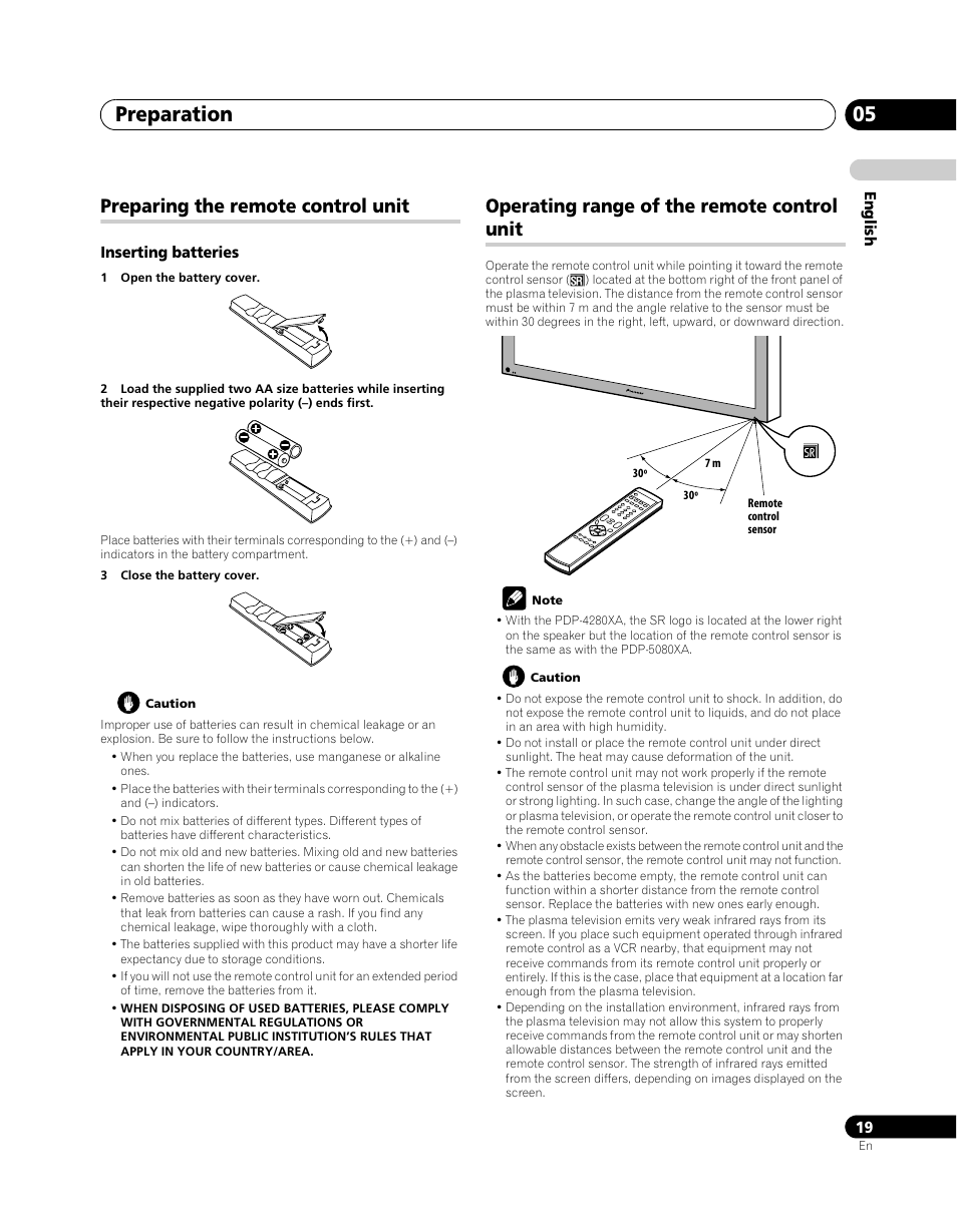 Preparing the remote control unit, Operating range of the remote control unit, Preparation 05 | Pioneer PDP-5080XA User Manual | Page 19 / 362