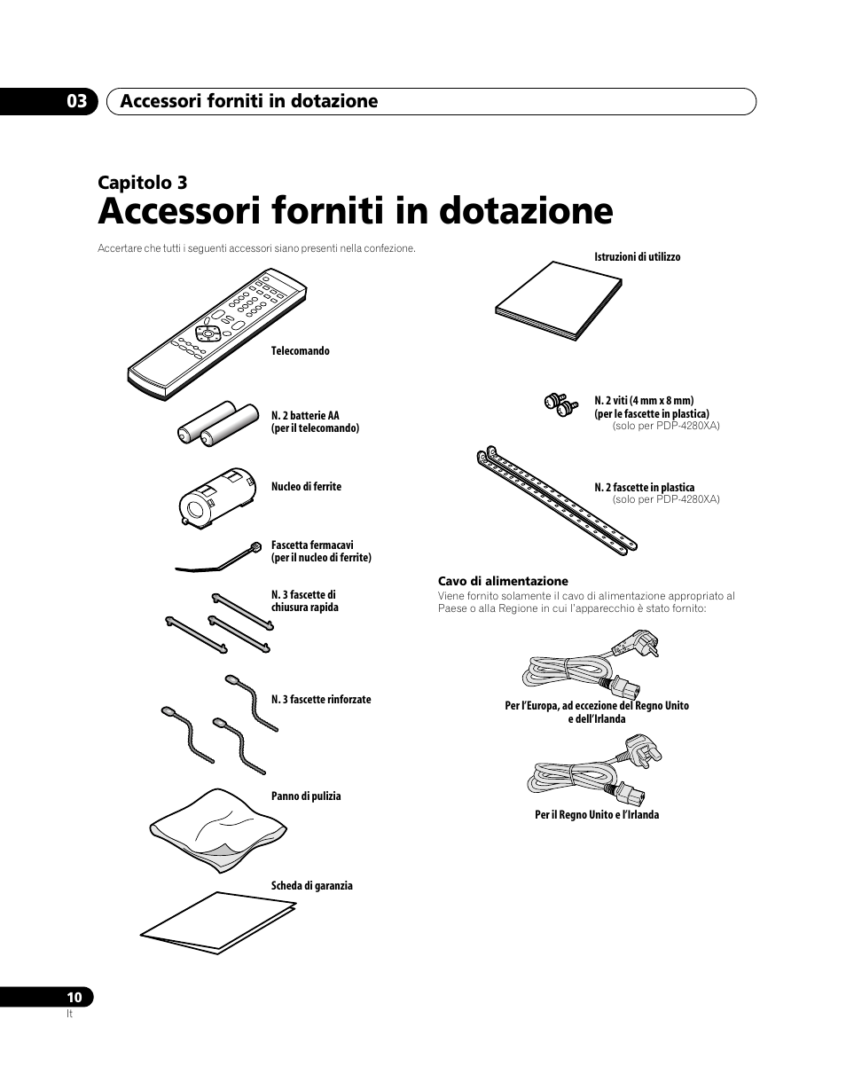 03 accessori forniti in dotazione, Accessori forniti in dotazione, Accessori forniti in dotazione 03 | Capitolo 3 | Pioneer PDP-5080XA User Manual | Page 190 / 362