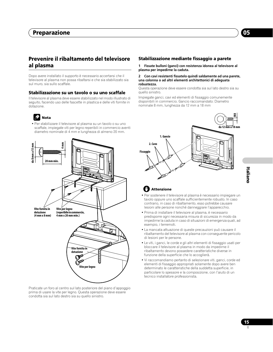 Prevenire il ribaltamento del televisore, Al plasma, Preparazione 05 | Prevenire il ribaltamento del televisore al plasma | Pioneer PDP-5080XA User Manual | Page 195 / 362