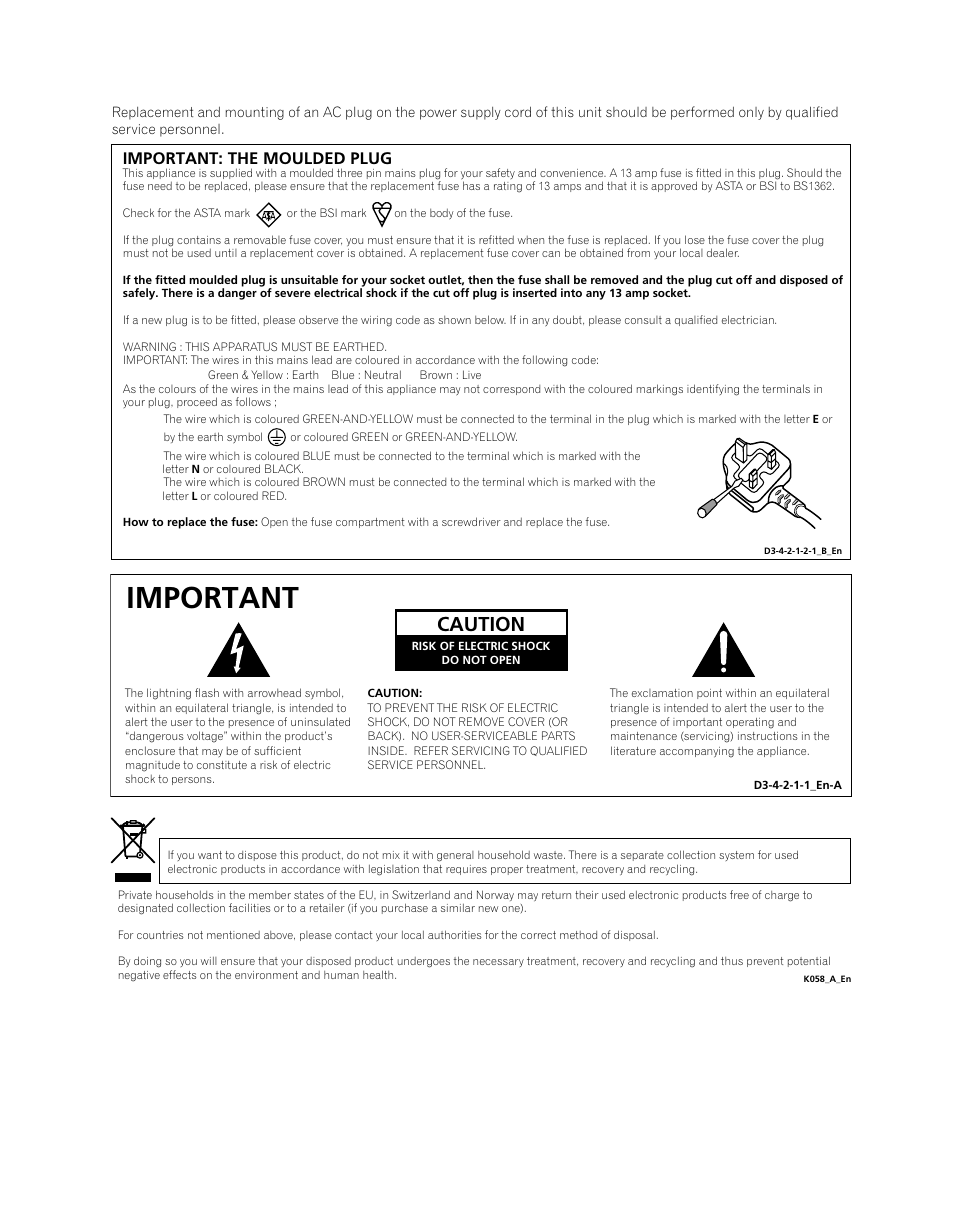 Important, Caution, Important: the moulded plug | Pioneer PDP-5080XA User Manual | Page 2 / 362
