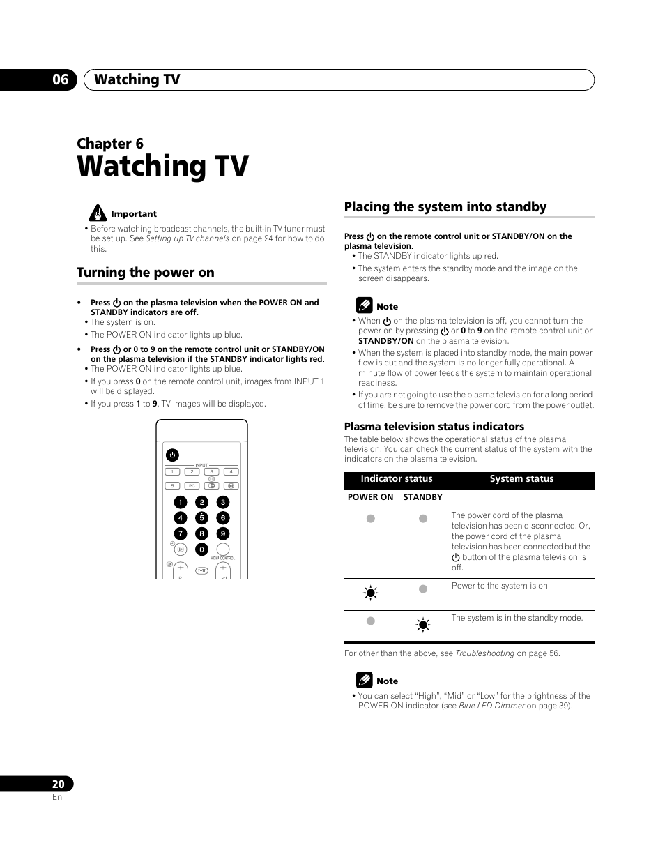 06 watching tv, Turning the power on, Placing the system into standby | Watching tv, Watching tv 06, Chapter 6 | Pioneer PDP-5080XA User Manual | Page 20 / 362
