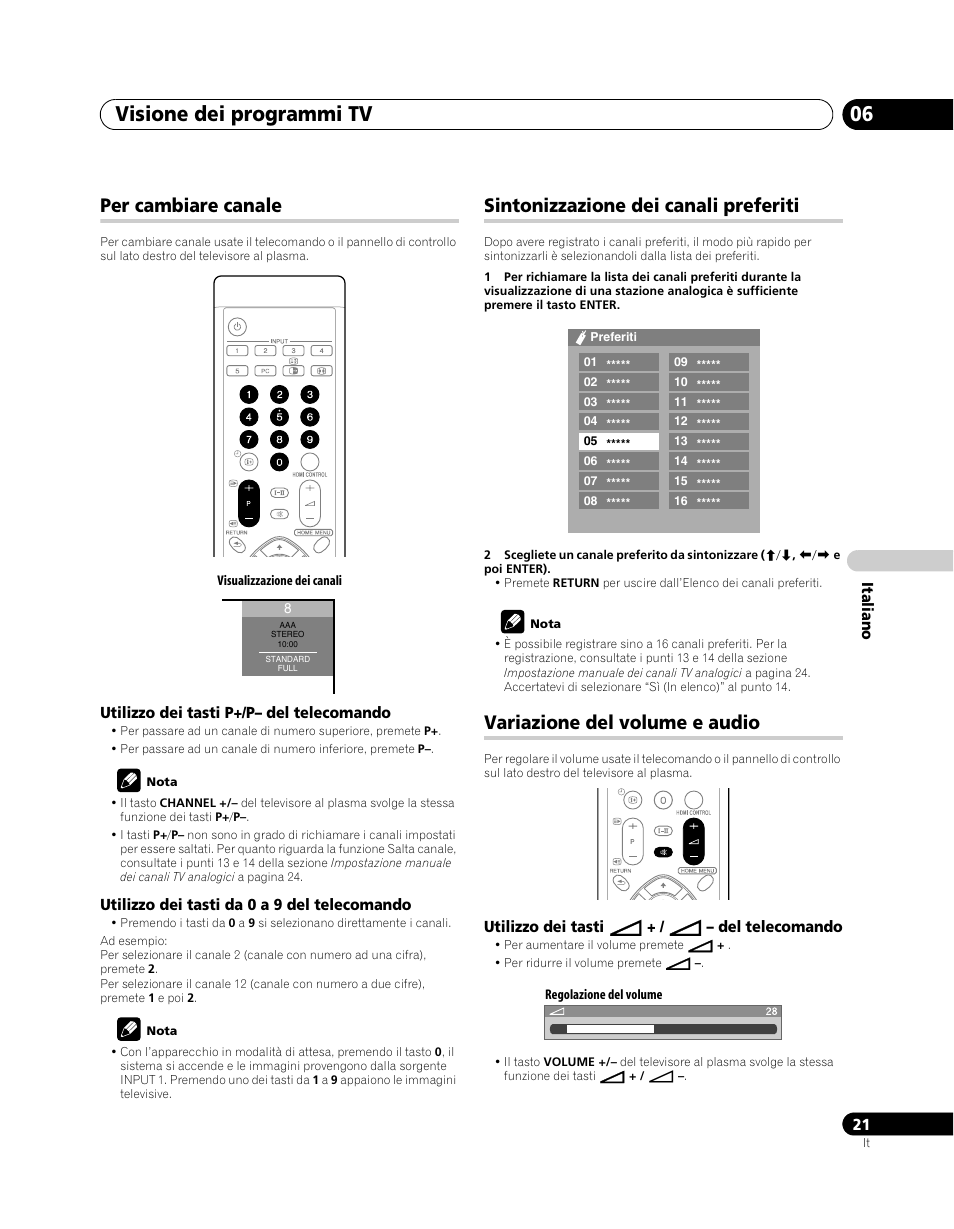 Per cambiare canale, Sintonizzazione dei canali preferiti, Variazione del volume e audio | Visione dei programmi tv 06 | Pioneer PDP-5080XA User Manual | Page 201 / 362
