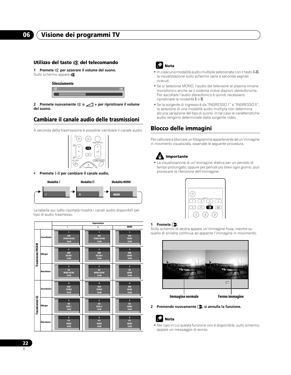 Cambiare il canale audio delle trasmissioni, Blocco delle immagini, Visione dei programmi tv 06 | Utilizzo del tasto e del telecomando, Muting silenziamento | Pioneer PDP-5080XA User Manual | Page 202 / 362