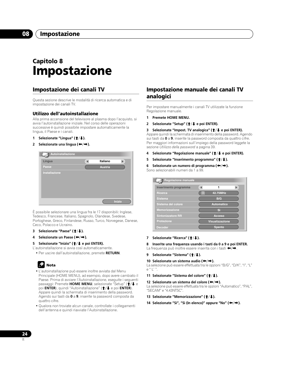 08 impostazione, Impostazione dei canali tv, Impostazione manuale dei canali tv analogici | Impostazione, Impostazione 08, Capitolo 8 | Pioneer PDP-5080XA User Manual | Page 204 / 362