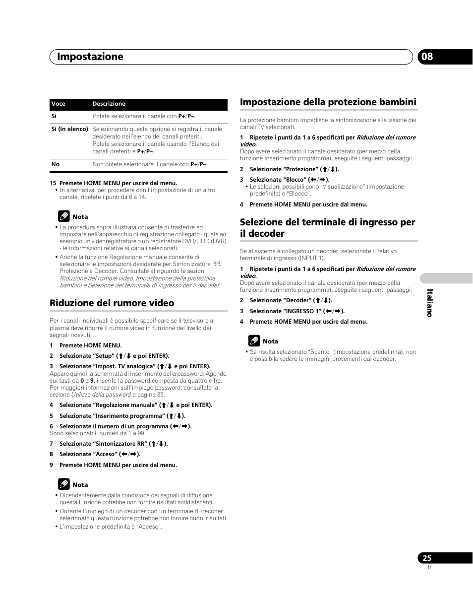 Riduzione del rumore video, Impostazione della protezione bambini, Selezione del terminale di ingresso per il | Decoder, Impostazione 08, Selezione del terminale di ingresso per il decoder | Pioneer PDP-5080XA User Manual | Page 205 / 362