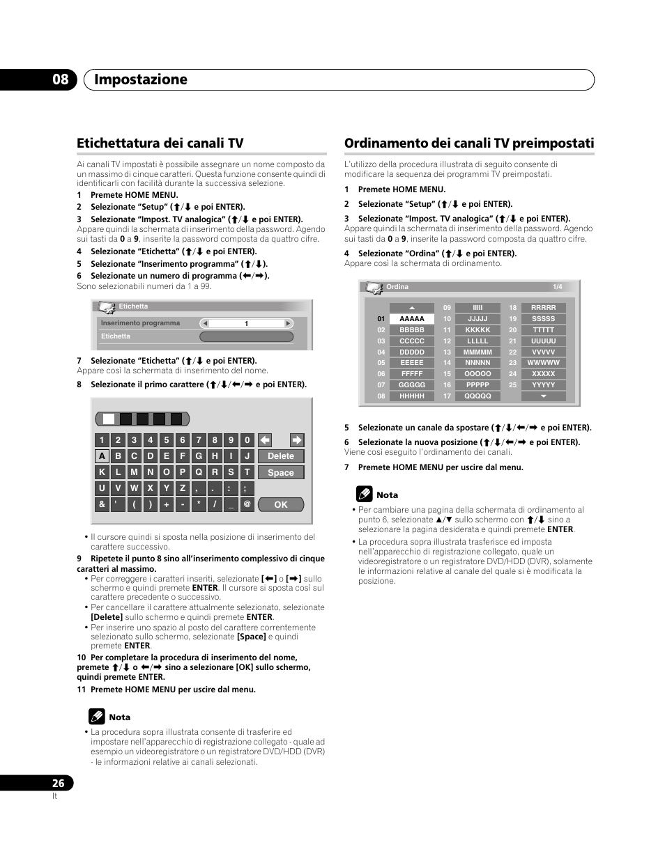 Etichettatura dei canali tv, Ordinamento dei canali tv preimpostati, Impostazione 08 | Pioneer PDP-5080XA User Manual | Page 206 / 362