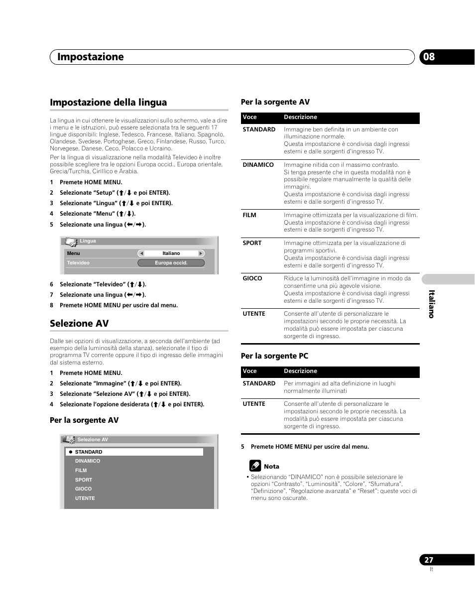 Impostazione della lingua, Selezione av, Impostazione 08 | Pioneer PDP-5080XA User Manual | Page 207 / 362