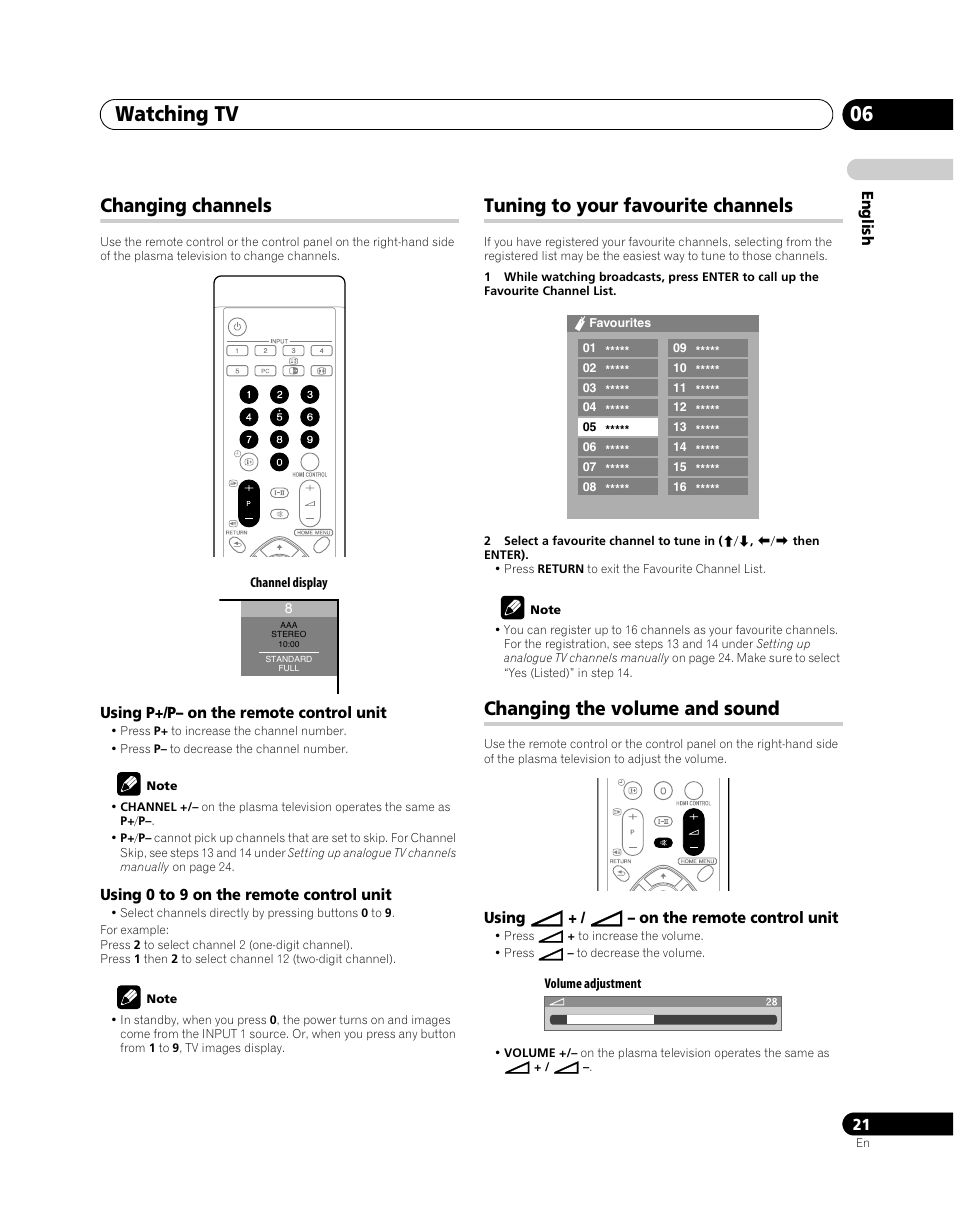 Changing channels, Tuning to your favourite channels, Changing the volume and sound | Watching tv 06 | Pioneer PDP-5080XA User Manual | Page 21 / 362