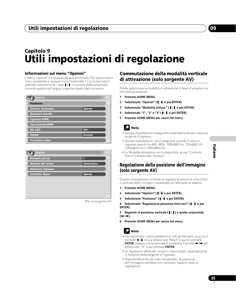 09 utili impostazioni di regolazione, Solo sorgente av), Regolazione della posizione dell’immagine | Utili impostazioni di regolazione, Utili impostazioni di regolazione 09, Capitolo 9 | Pioneer PDP-5080XA User Manual | Page 215 / 362