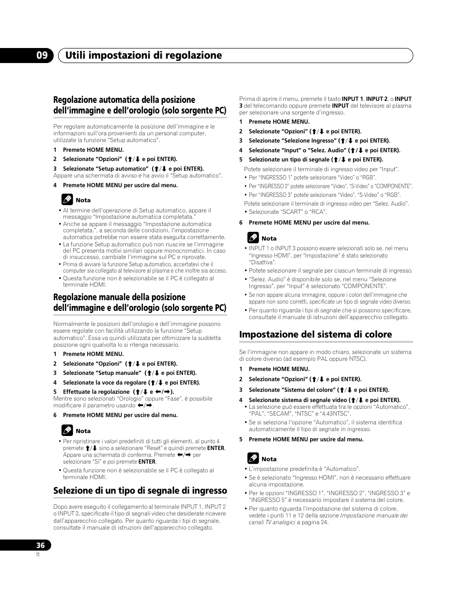 E dell’orologio (solo sorgente pc), Dell’orologio (solo sorgente pc), Selezione di un tipo di segnale di ingresso | Impostazione del sistema di colore, Utili impostazioni di regolazione 09 | Pioneer PDP-5080XA User Manual | Page 216 / 362