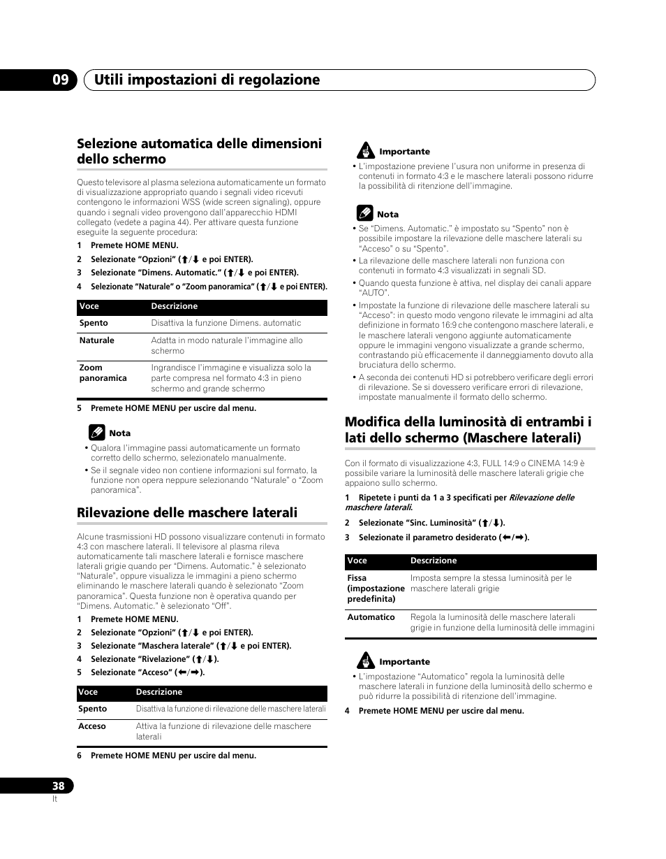 Selezione automatica delle dimensioni dello, Schermo, Rilevazione delle maschere laterali | Modifica della luminosità di entrambi i lati dello, Schermo (maschere laterali), Utili impostazioni di regolazione 09 | Pioneer PDP-5080XA User Manual | Page 218 / 362