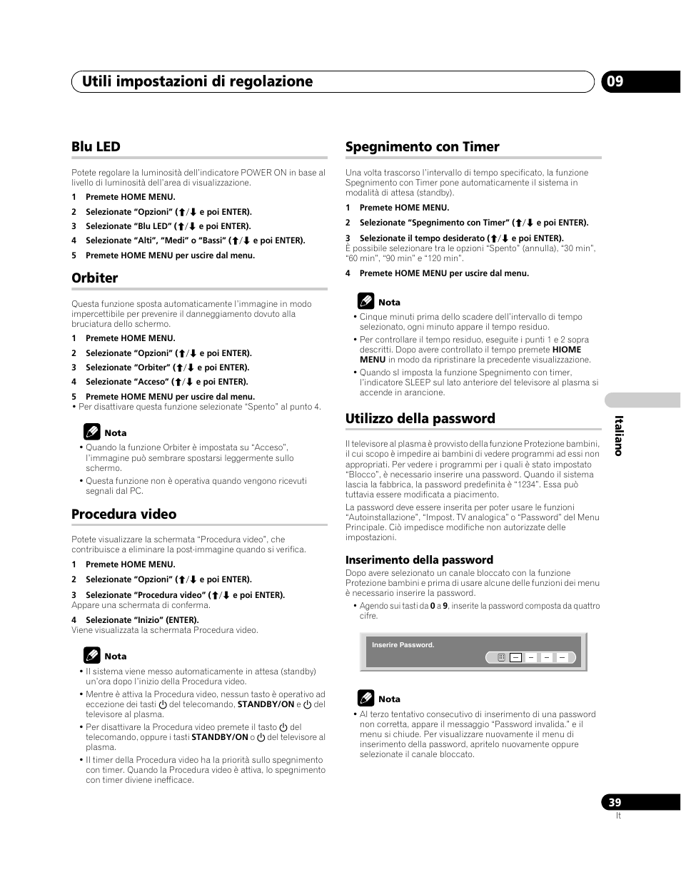 Blu led, Orbiter, Procedura video | Spegnimento con timer, Utilizzo della password, Utili impostazioni di regolazione 09 | Pioneer PDP-5080XA User Manual | Page 219 / 362