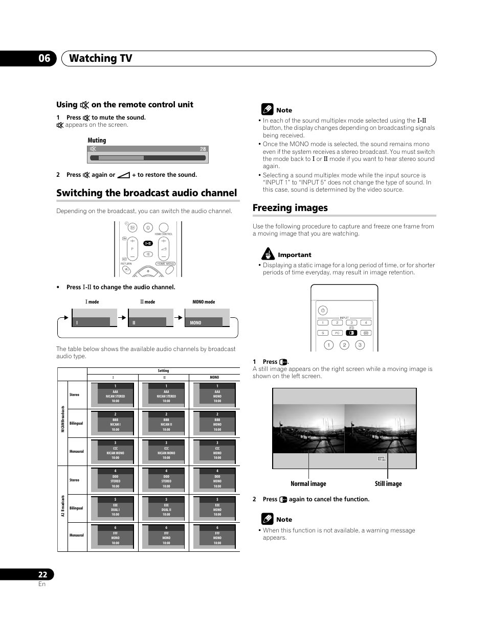 Switching the broadcast audio channel, Freezing images, Watching tv 06 | Using e on the remote control unit, Muting, Normal image still image | Pioneer PDP-5080XA User Manual | Page 22 / 362