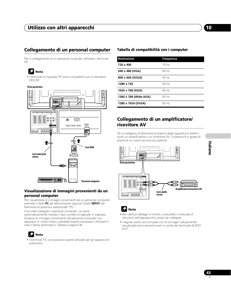 Collegamento di un personal computer, Collegamento di un amplificatore/ricevitore av, Utilizzo con altri apparecchi 10 | Collegamento di un amplificatore/ ricevitore av | Pioneer PDP-5080XA User Manual | Page 223 / 362
