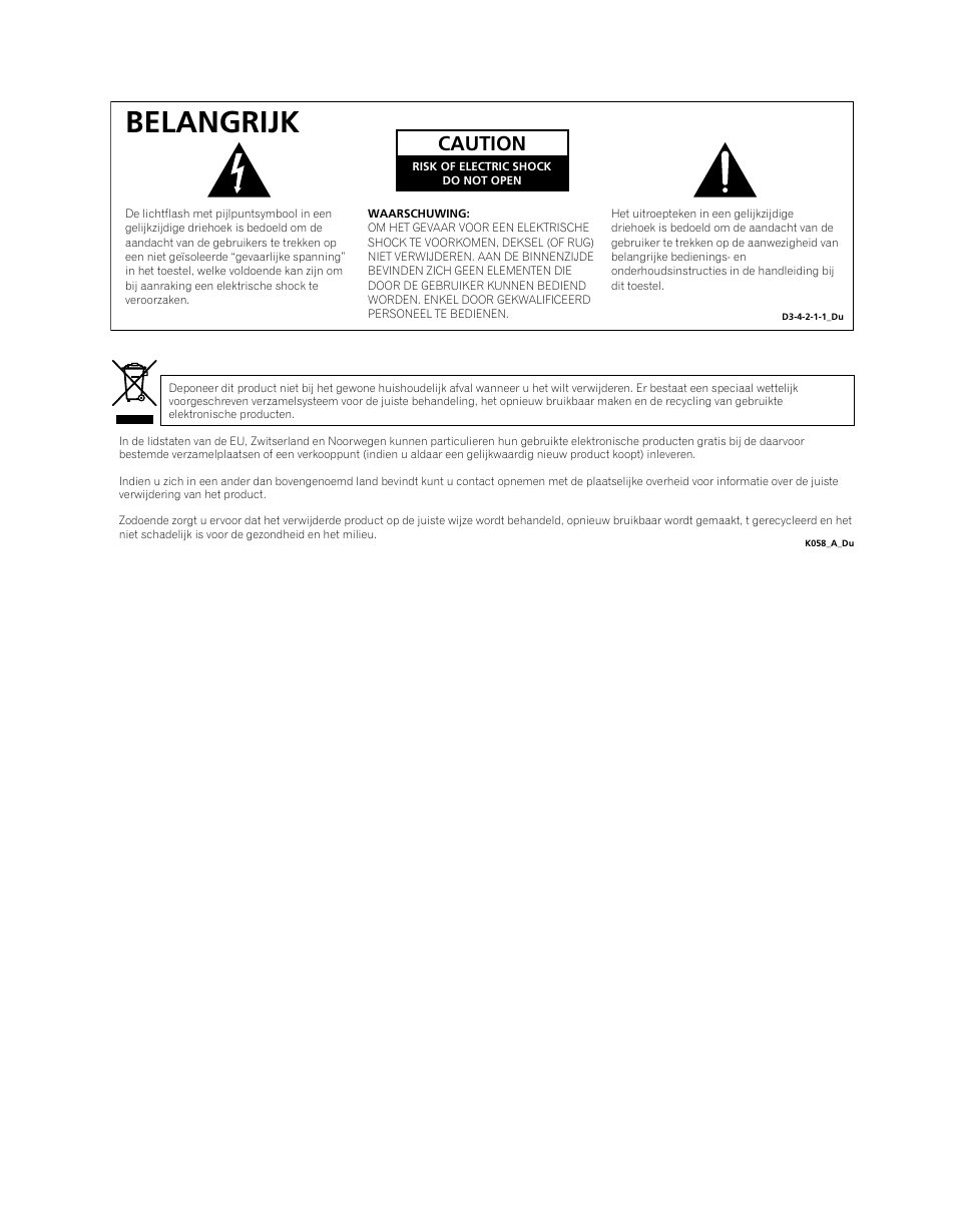 Belangrijk, Caution | Pioneer PDP-5080XA User Manual | Page 242 / 362