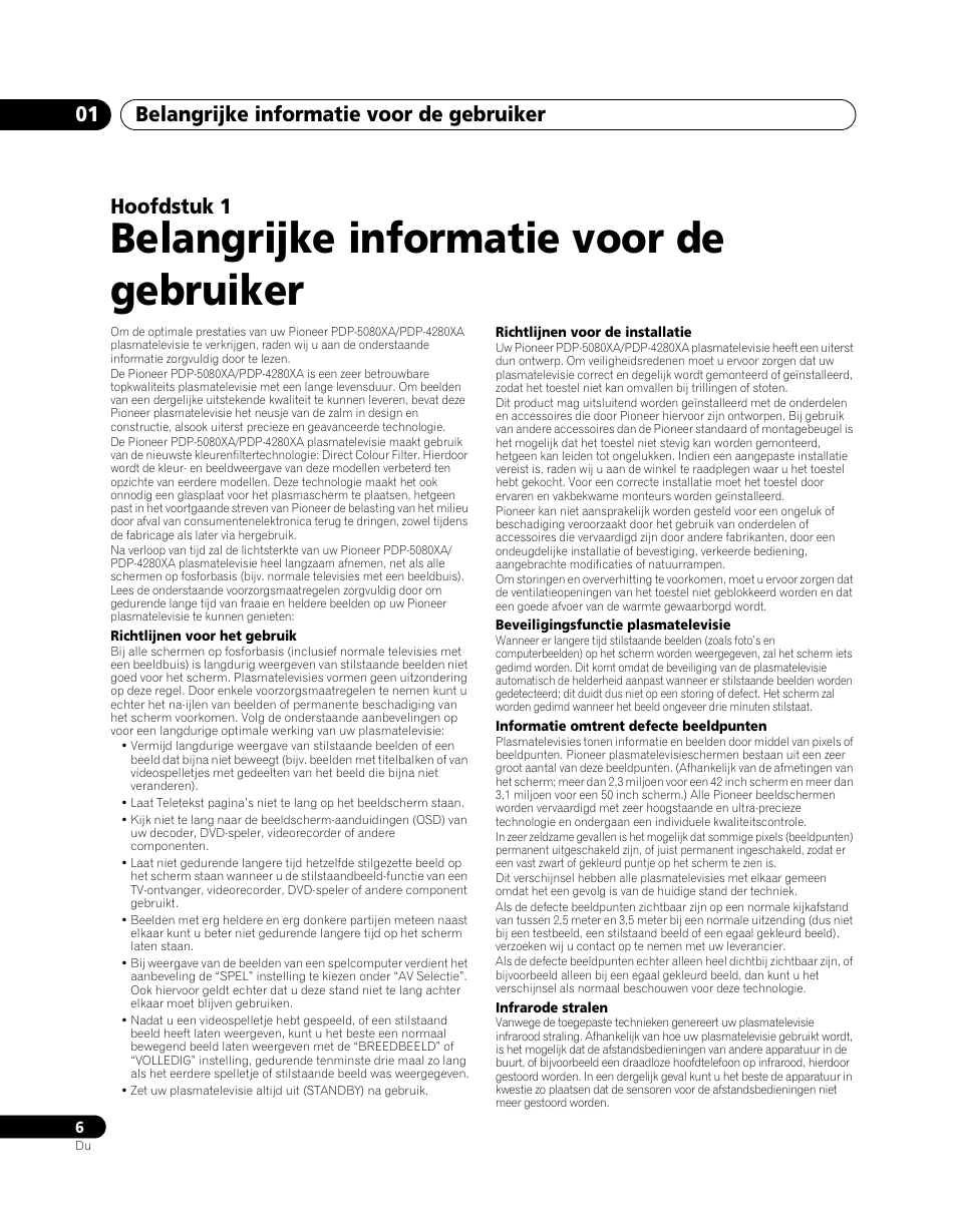 01 belangrijke informatie voor de, Gebruiker, Belangrijke informatie voor de gebruiker | Belangrijke informatie voor de gebruiker 01, Hoofdstuk 1 | Pioneer PDP-5080XA User Manual | Page 246 / 362