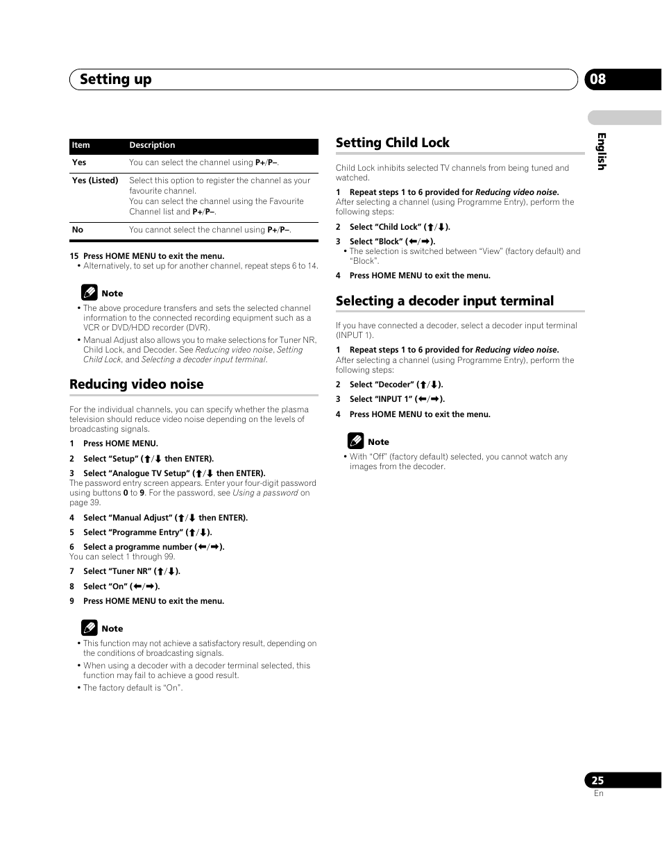Reducing video noise, Setting child lock, Selecting a decoder input terminal | Setting up 08 | Pioneer PDP-5080XA User Manual | Page 25 / 362