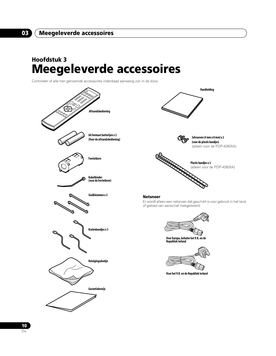 03 meegeleverde accessoires, Meegeleverde accessoires, Meegeleverde accessoires 03 | Hoofdstuk 3 | Pioneer PDP-5080XA User Manual | Page 250 / 362