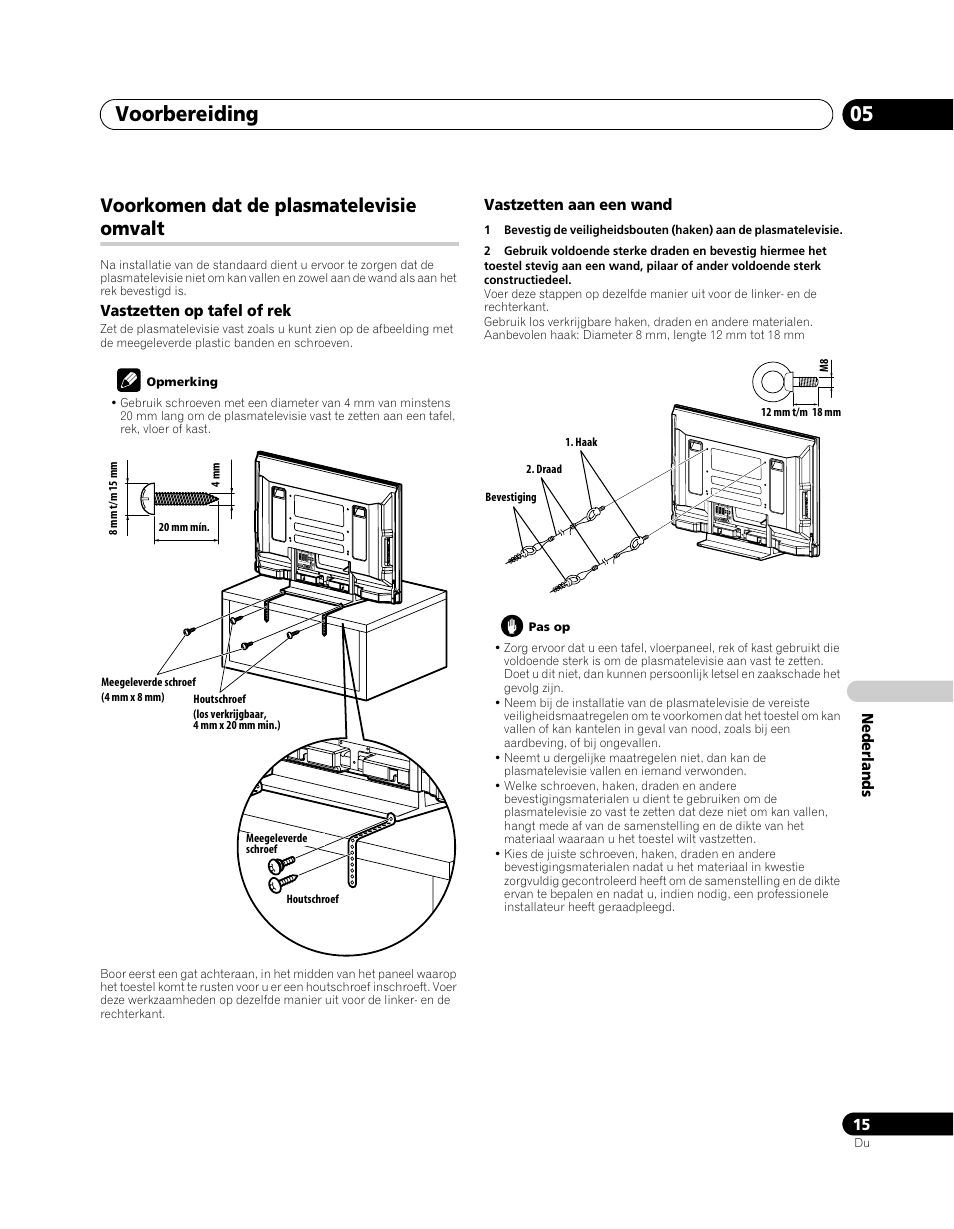 Voorkomen dat de plasmatelevisie omvalt, Voorbereiding 05 | Pioneer PDP-5080XA User Manual | Page 255 / 362