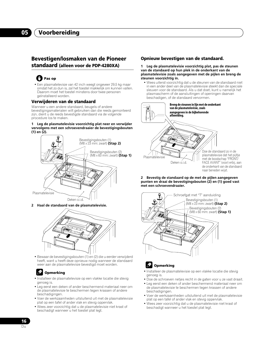 Bevestigen/losmaken van de pioneer standaard, Alleen voor de pdp-4280xa), Voorbereiding 05 | Pioneer PDP-5080XA User Manual | Page 256 / 362