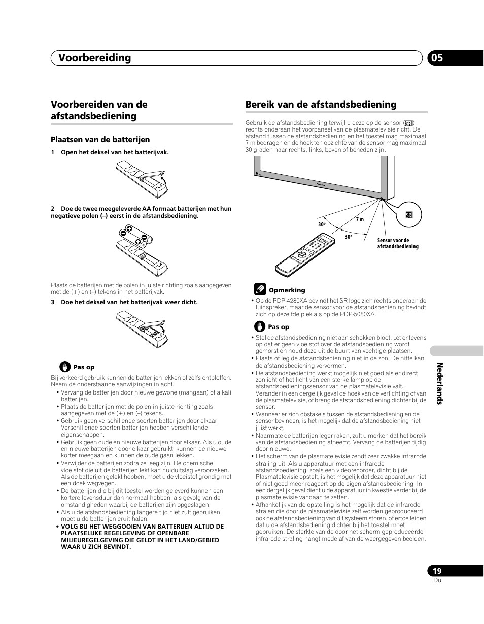 Voorbereiden van de afstandsbediening, Bereik van de afstandsbediening, Voorbereiding 05 | Pioneer PDP-5080XA User Manual | Page 259 / 362