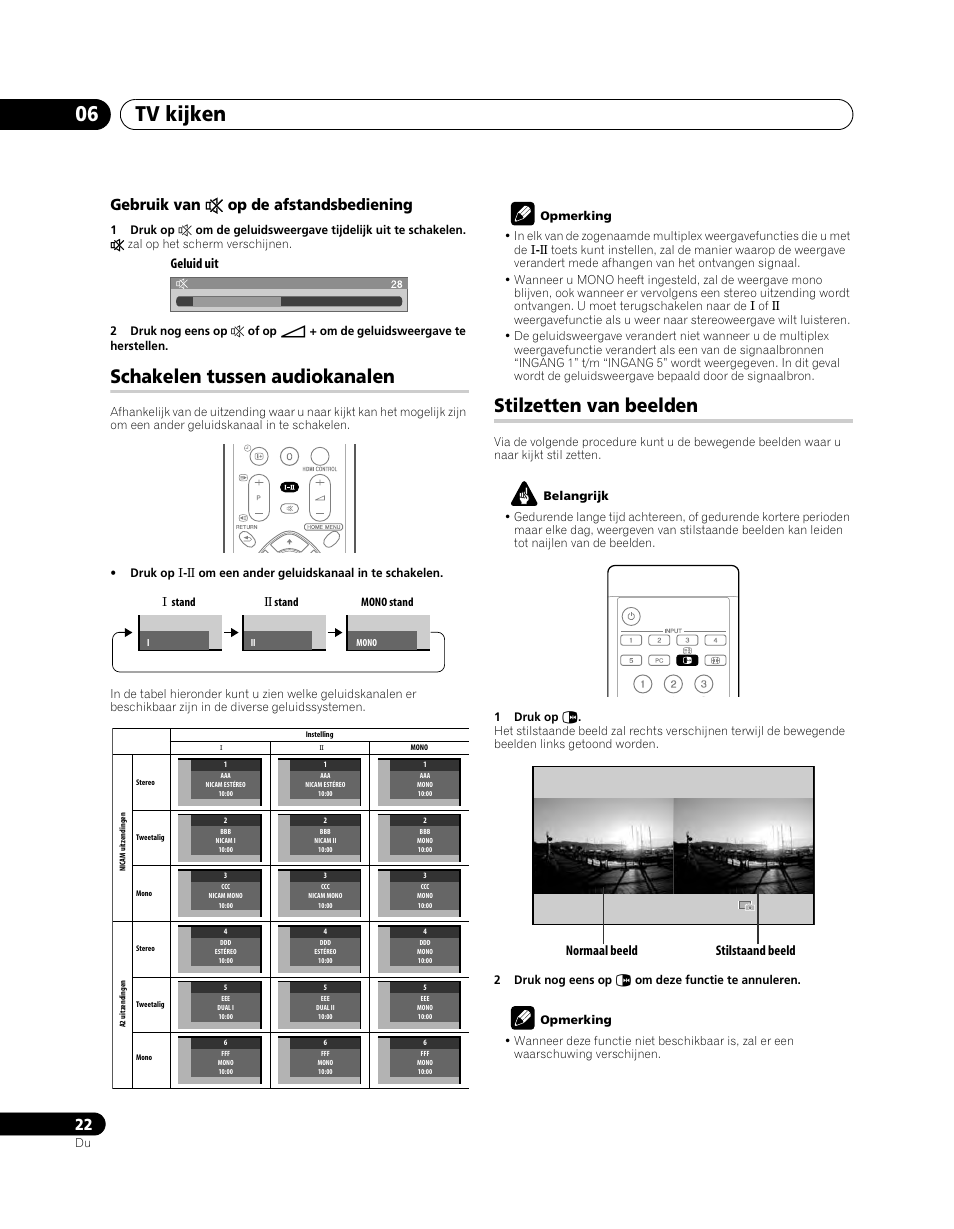 Schakelen tussen audiokanalen, Stilzetten van beelden, Tv kijken 06 | Gebruik van e op de afstandsbediening, Geluid uit, Normaal beeld stilstaand beeld | Pioneer PDP-5080XA User Manual | Page 262 / 362