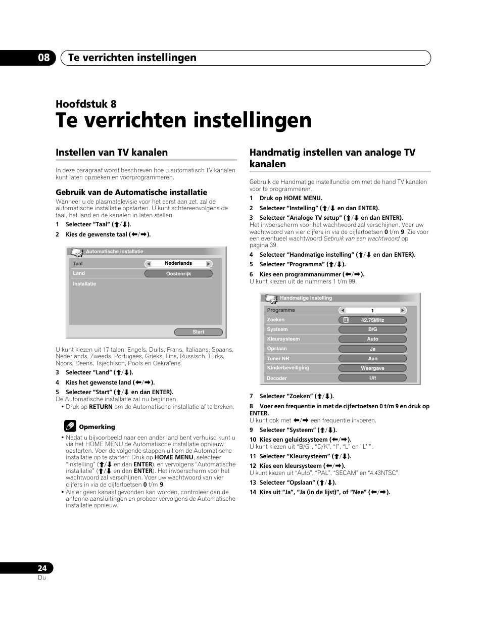 08 te verrichten instellingen, Instellen van tv kanalen, Handmatig instellen van analoge tv kanalen | Te verrichten instellingen, Te verrichten instellingen 08, Hoofdstuk 8 | Pioneer PDP-5080XA User Manual | Page 264 / 362