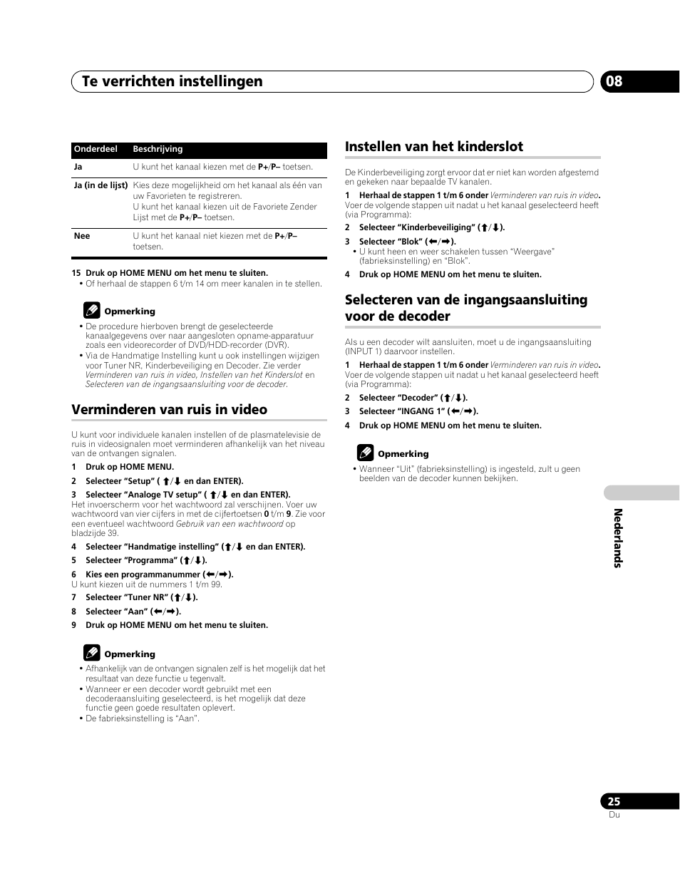 Verminderen van ruis in video, Instellen van het kinderslot, Selecteren van de ingangsaansluiting voor | De decoder, Te verrichten instellingen 08 | Pioneer PDP-5080XA User Manual | Page 265 / 362