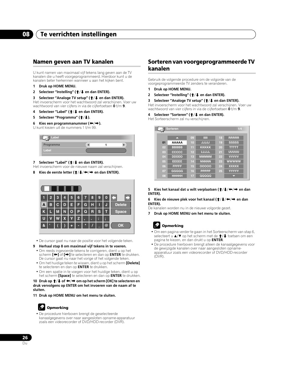 Namen geven aan tv kanalen, Sorteren van voorgeprogrammeerde tv kanalen, Te verrichten instellingen 08 | Pioneer PDP-5080XA User Manual | Page 266 / 362