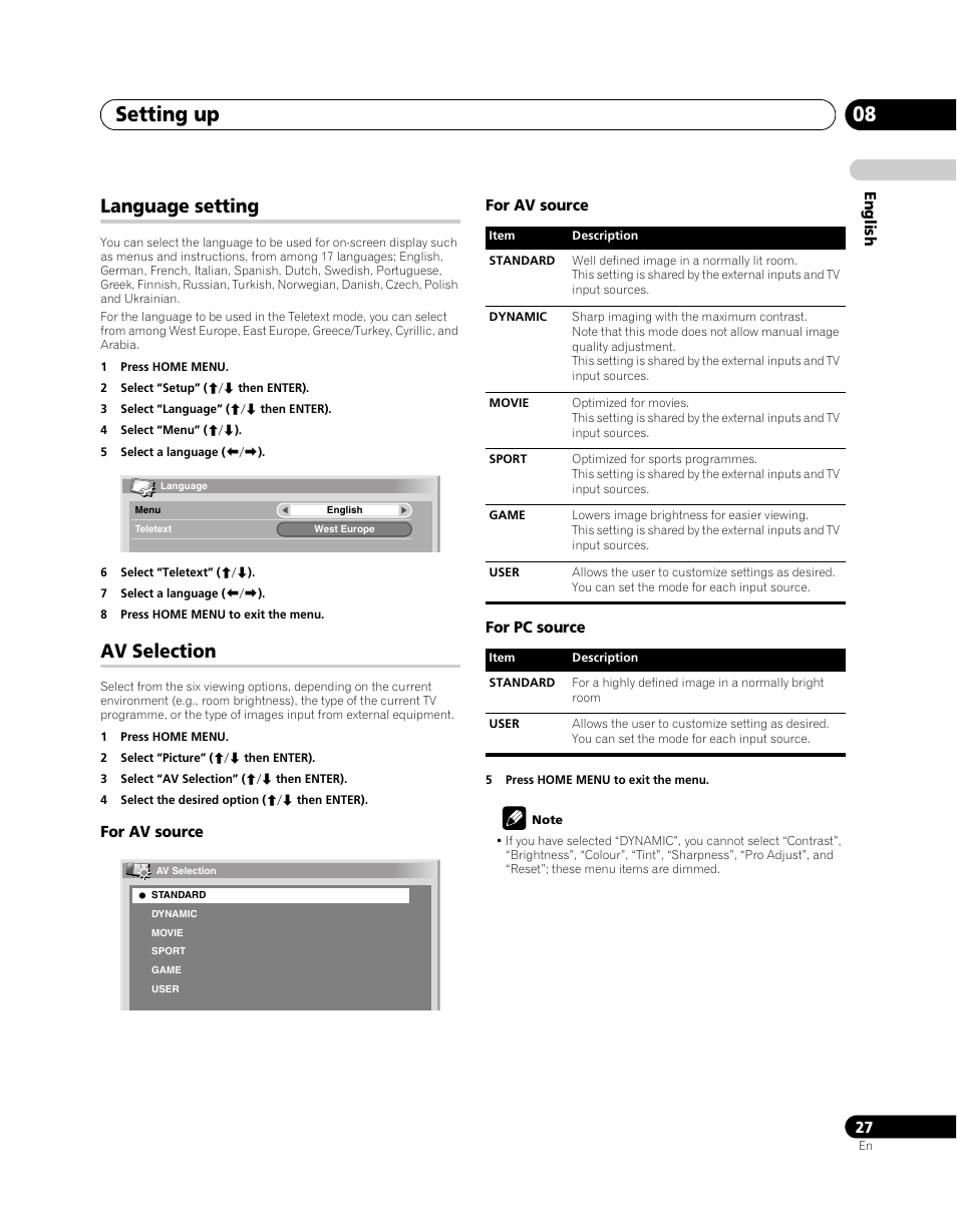 Language setting, Av selection, Setting up 08 | Pioneer PDP-5080XA User Manual | Page 27 / 362