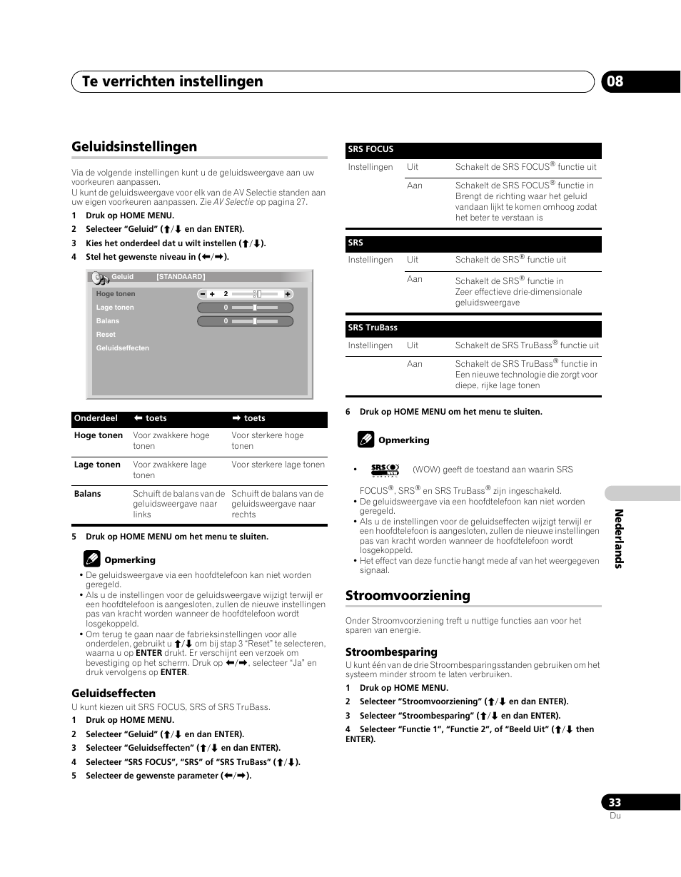 Geluidsinstellingen, Stroomvoorziening, Te verrichten instellingen 08 | Pioneer PDP-5080XA User Manual | Page 273 / 362