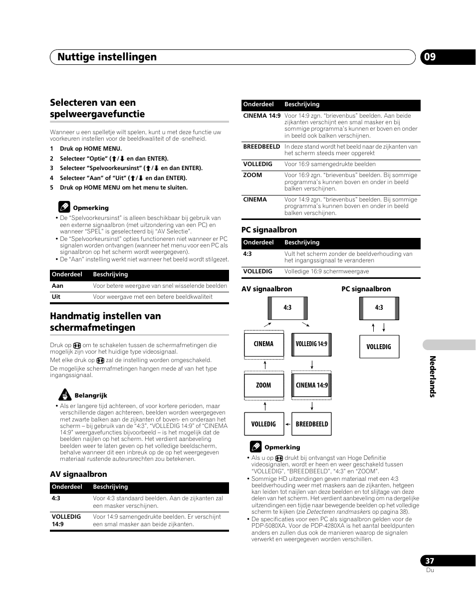 Selecteren van een spelweergavefunctie, Handmatig instellen van schermafmetingen, Nuttige instellingen 09 | Pioneer PDP-5080XA User Manual | Page 277 / 362